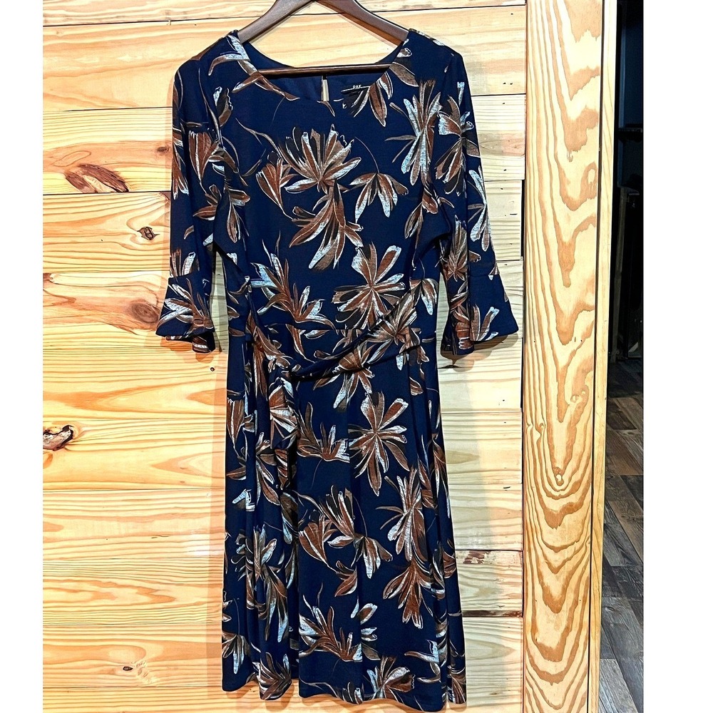R&K Women's 16 Dress Midi Shift Navy Brown Fall Floral Half Bell Sleeve Ruffle